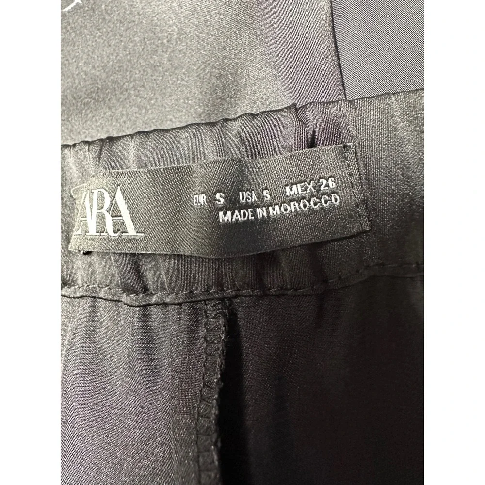 Zara Floral Crane Print Wide Leg Pants Womens Small Black Satin Cropped Pleated - Picture 4 of 14